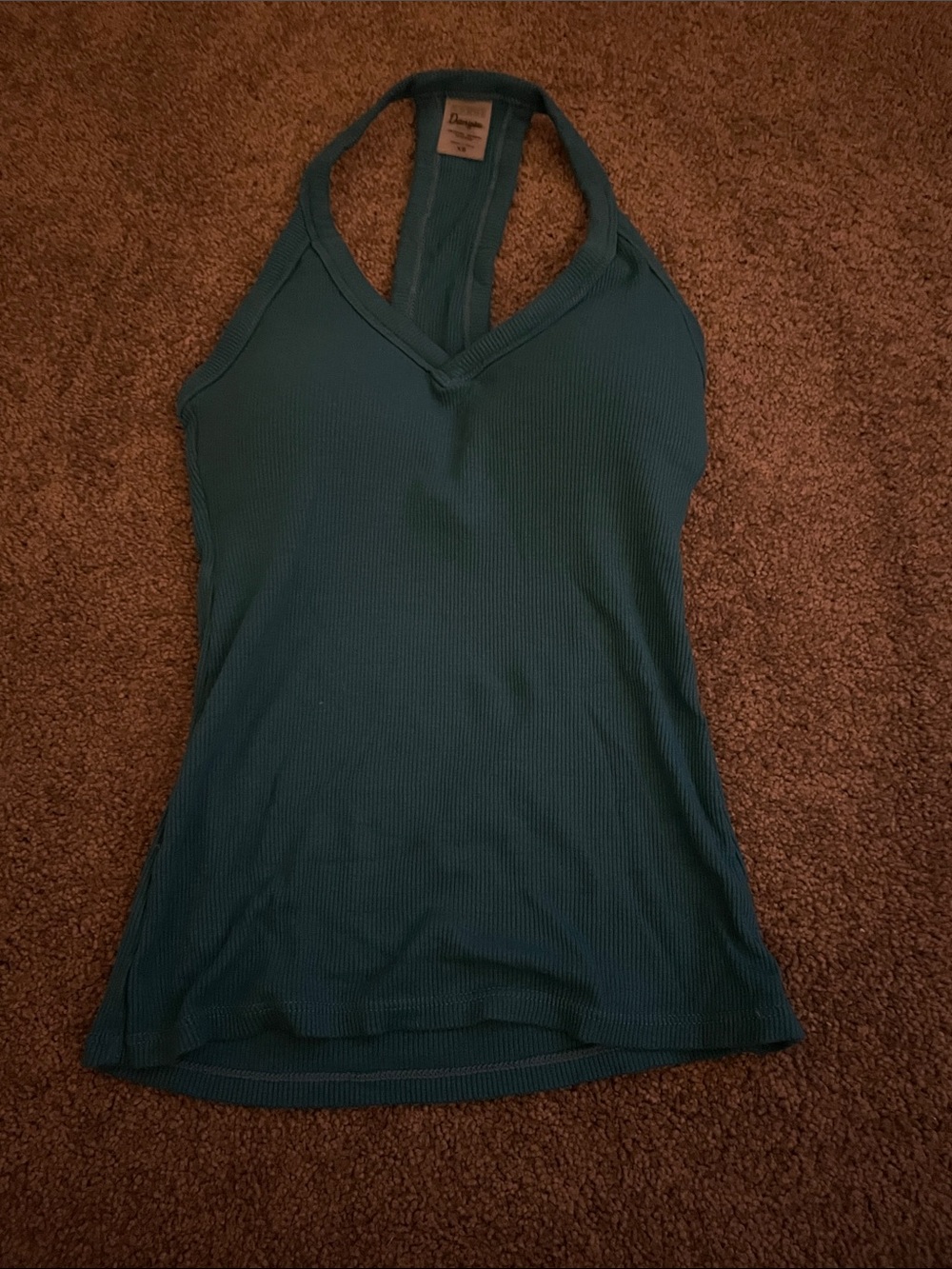 XS Ribbed V-Neck Halter Tank Top - Teal built in bra